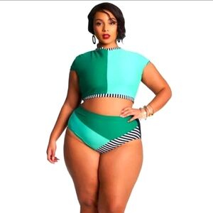 SEXY PLUS SIZE--High Waisted,Crop Top, Color Block, Bikini Swimsuit